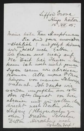 Brief von Ethel Mary Fiedler an Margarete Hauptmann