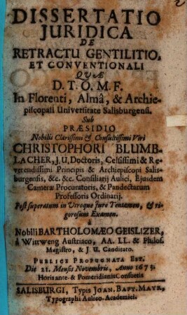 Diss. iur. de retractu gentilitio et conventionali
