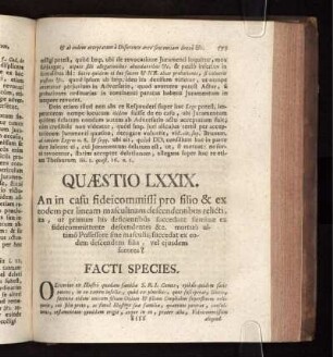 Quæstio LXXIX. An in casu fideicommissi pro filio ... succedat ex eodem descendens filia, vel ejusdem forores?