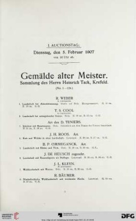I. Auctionstag: Dienstag, den 5. Februar 1907 von 10 Uhr ab (Nr. 1-152)