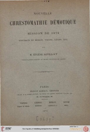 Nouvelle chrestomathie démotique : Mission de 1878, contrats de Berlin, Vienne, Leyde etc.