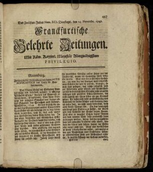 Num. XCI. Dienstags, den 14. Novembr. 1747 - Num. C. Freytags, den 15. Decembr. 1747