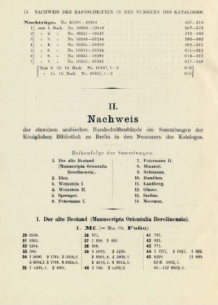 II. Nachweis der einzelnen arabischen Handschriftenbände der Sammlungen der Königlichen Bibliothek zu Berlin in den Nummern des Kataloges