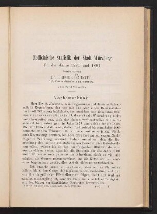Medicinische Statistik der Stadt Würzburg für die Jahre 1880 und 1881