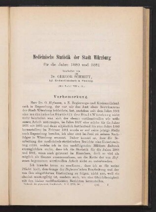 Medicinische Statistik der Stadt Würzburg für die Jahre 1880 und 1881