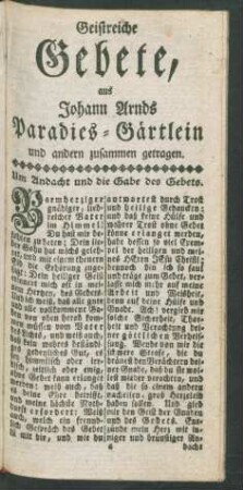 Geistreiche Gebete, aus Johann Arnds Paradies-Gärtlein und andern zusammen getragen