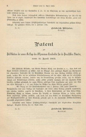 Patent zur Publikation der neuen Auflage des Allgemeinen Landrechts für die Preußischen Staaten, vom 11. April 1803