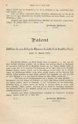 Patent zur Publikation der neuen Auflage des Allgemeinen Landrechts für die Preußischen Staaten, vom 11. April 1803