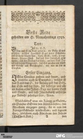 Erste Rede gehalten am H. Neujahrstage 1751. [Jes. 9, 6.7.]