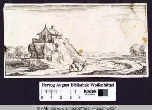 Haus auf einem Felsplateau inmitten einer Landschaft, davor eine Frau und ein Mann mit einem Pferd