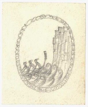 Exlibrisstudie für Gustav Windel : Drei Figuren in einem Boot vor einem Felsen, in einem Oval dargestellt, umlaufend der Namenszug