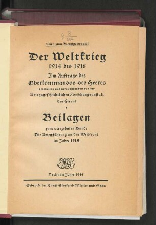 Bd. 14, Beil.: Der Weltkrieg 1914 bis 1918 : die militärischen Operationen zu Lande