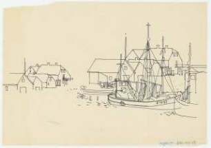 Skizze: Hafen mit Fischerhäusern und Booten
