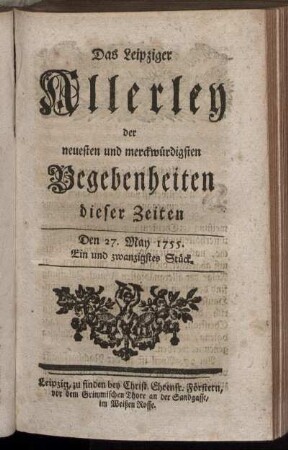 Den 27. May 1755. Ein und zwanzigstes Stück.