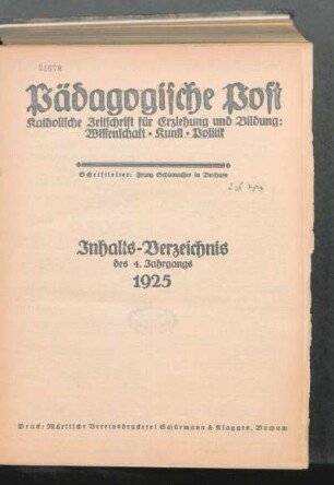 Inhalts-Verzeichnis des 4. Jahrgangs 1925