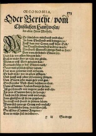 Oeconomia, Oder Bericht/ vom Christlichen Haußwesen/ des alten Herrn Mathesii.