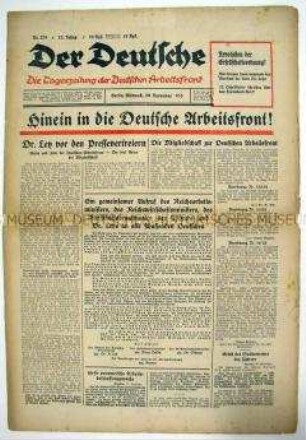 Tageszeitung der Deutschen Arbeitsfront "Der Deutsche" mit dem Aufruf von Ley zum Eintritt in die DAF