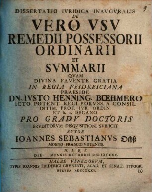 Diss. iur. inaug. de vero usu remedii possessorii ordinarii et summarii
