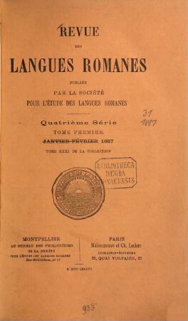 Revue des langues romanes. 31 = Sér. 4, T. 1. 1887