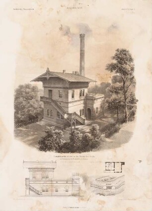 Dampfmaschinenhaus an der Neiße bei Görlitz: Lageplan, Grundriss, Perspektivische Ansicht, Ansicht (aus: Architektonisches Skizzenbuch, H. 94/6, 1868)