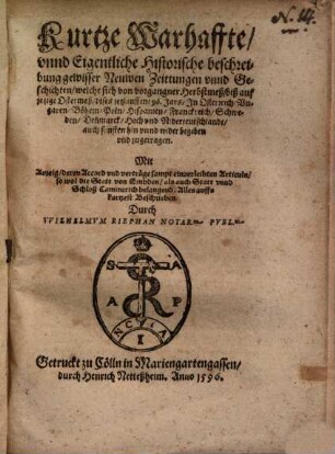 Kurtze ... beschreibung gewisser Neuwen Zeittungen unnd Geschichten, welche sich von vorgangner Herbstmeß ... Ostermeß 1596 ... zugetragen