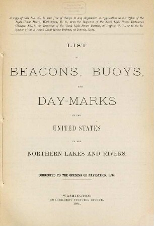 List of beacons, buoys, and day marks of the United States on the Northern lakes and rivers. 1894