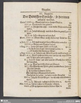 III. Register. Der Biblischen Sprüche, so hierinnen erkläret worden