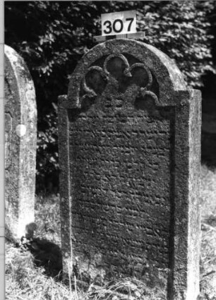 Grabstein 307 (Index: 100085242) Maße HxBxT: 117x64x12 cm Beschreibung: Stele, eingezogener Rundbogenabschluß, Schriftfeld eingetieft: Grabstein 307