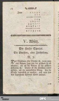 V. Absatz. Die fünfte Species. Die Division, oder Zertheilung.