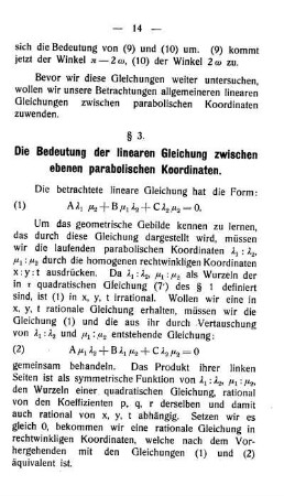 § 3. Die Bedeutung der linearen Gleichung zwischen ebenen parabolischen Koordinaten.