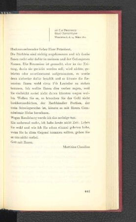An Cai Friedrich Graf Reventlow Wandsbeck, den 14. März 1811