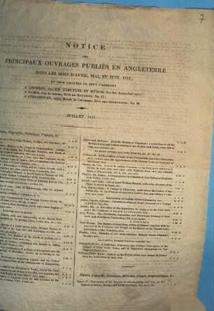 Notice des principaux ouvrages publiés en angleterre dans les mois d'avril, mai, et juin 1819 ... : Juillet, 1819.