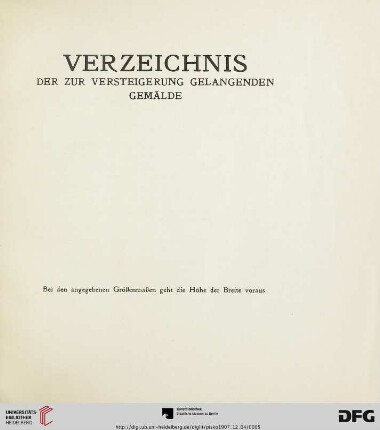 Verzeichnis der zur Versteigerung gelangenden Gemälde (Nr. 1 -254)