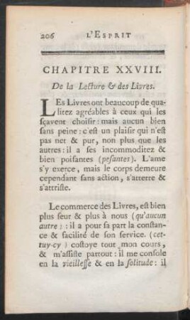 Chapitre XXVIII. De la Lecture & des Livres