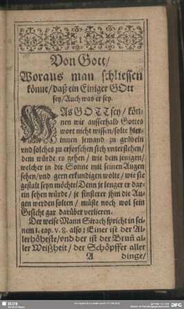 Von Gott, Woraus man schliessen könne, daß ein Einiger Gott sey, Auch was er sey