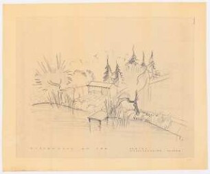 Garten Karl Hanke, Berlin-Grunewald: Perspektivische Ansicht Gartenhaus am See