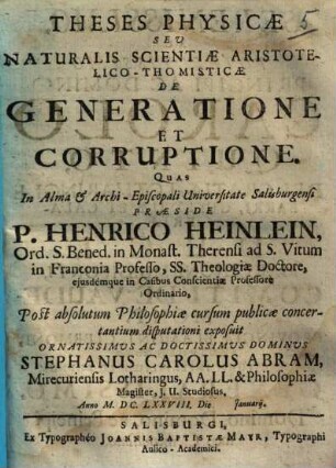 Theses physicae seu naturalis scientiae Aristotelico-Thomisticae de generatione et corruptione