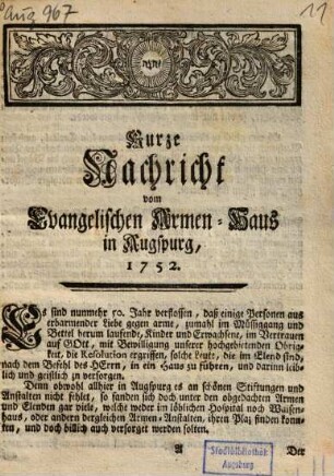Kurze Nachricht vom Evangelischen Armen-Haus in Augspurg, 1752.