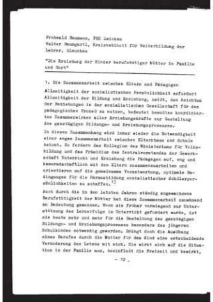 Die Erziehung der Kinder berufstätiger Mütter in Familie und Hort