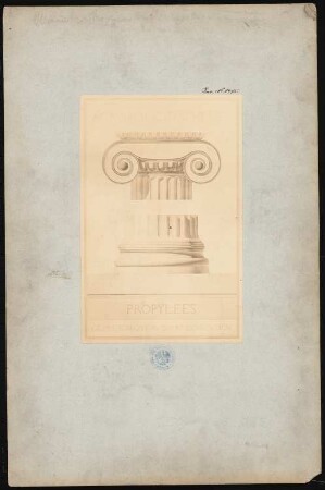 Akropolis, Athen: Ansicht einer Ionischen Säule, Titeldeckblatt zu einer Sammlung von Zeichnungen mit Beschriftung: Acropole d’Athenes - propylées - ordre ioniove au ovart d’execution