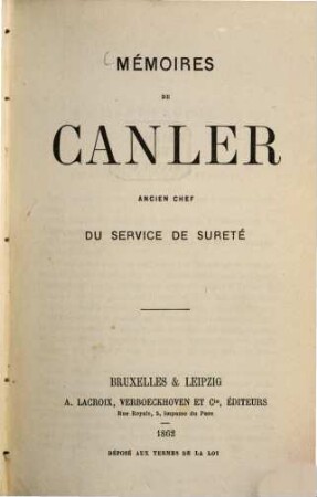 Mémoires de Canler ancien chef du service de sureté