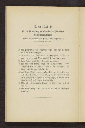 Regulativ für die Mitbenutzung des Gewölbes des Altonaischen Unterstützungs-Instituts