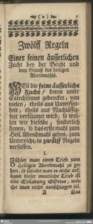 Zwölff Regeln Einer seinen äusserlichen Zucht bey der Beicht und dem Genuß des heiligen Abendmahls