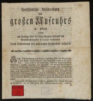 Umständliche Beschreibung des großen Aufruhrs in Altona welcher am Freitage über die fehlgeschlagene Luftreise des Deutsch-Franzosen Hooghe entstanden : Nach brühwarmen und wahrhaften Nachrichten aufgesetzt.