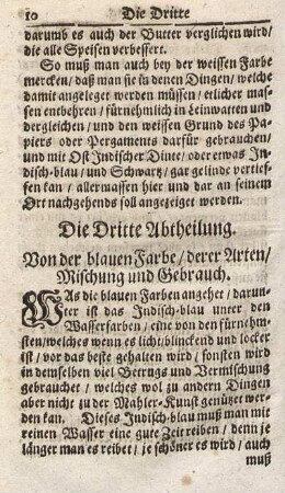 Die Dritte Abtheilung. Von der blauen Farbe, derer Arten, Mischung und Gebrauch.