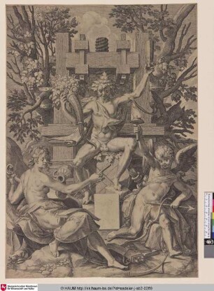[Bacchus, auf einem Fass sitzend, rechts: Amor, links: Musica; Bacchus Sitting on a Barrel, right: Amor, left: Musica]