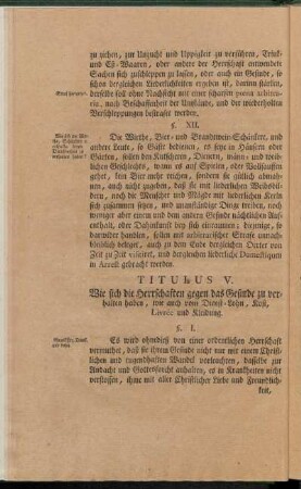 Titulus V. Wie sich die Herrschaften gegen das Gesinde zu verhalten haben, wie auch vom Dienst-Lohn, Kost, Livree und Kleidung.