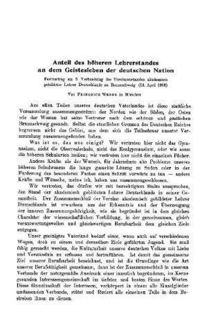Anteil des höheren Lehrerstandes an dem Geistesleben der deutschen Nation