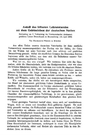 Anteil des höheren Lehrerstandes an dem Geistesleben der deutschen Nation