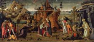 Landschaft mit biblischen Szenen und Szenen aus Heiligenlegenden